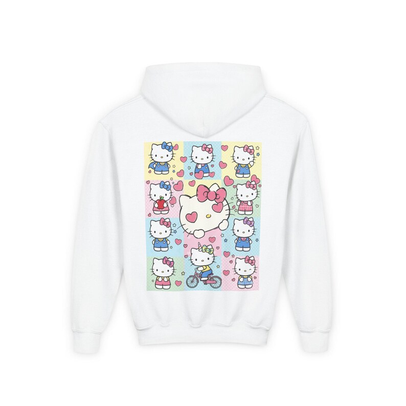 6 7 Hello Kitty Collage Youth Hoodie | Kids 6 7 Graffiti Style Font In Front And Hello Kitty Graphic Design On Back | Hello Kitty Six Seven image 17