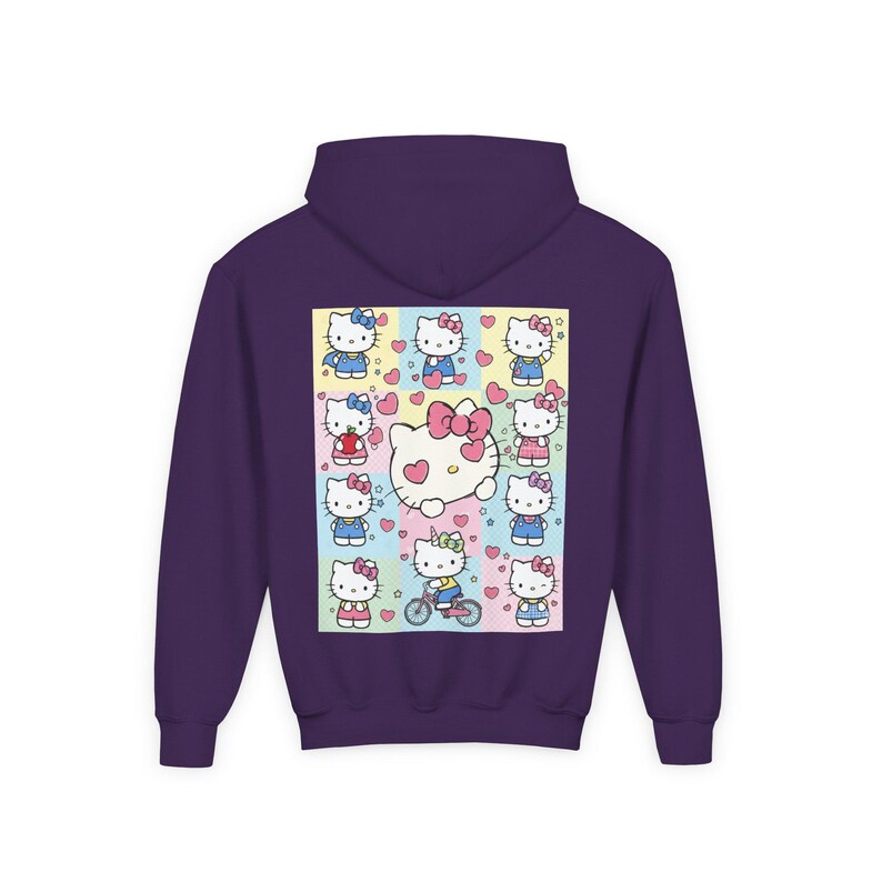 6 7 Hello Kitty Collage Youth Hoodie | Kids 6 7 Graffiti Style Font In Front And Hello Kitty Graphic Design On Back | Hello Kitty Six Seven image 11