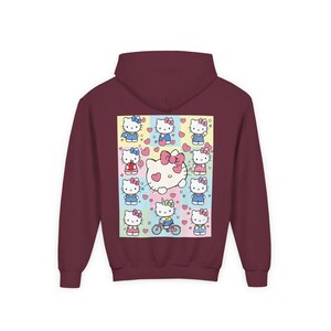 6 7 Hello Kitty Collage Youth Hoodie | Kids 6 7 Graffiti Style Font In Front And Hello Kitty Graphic Design On Back | Hello Kitty Six Seven image 13