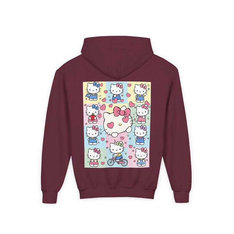 6 7 Hello Kitty Collage Youth Hoodie | Kids 6 7 Graffiti Style Font In Front And Hello Kitty Graphic Design On Back | Hello Kitty Six Seven image 13