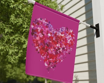 Pink Valentines Day Watercolor Heart Garden Flag | House Banner, Floral Heart Porch Decor