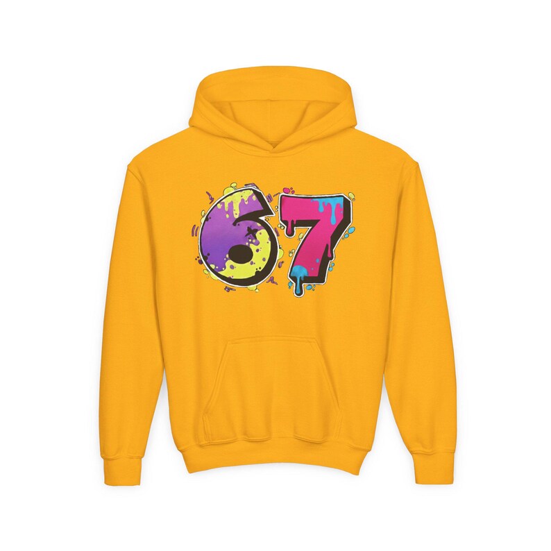 6 7 Hello Kitty Collage Youth Hoodie | Kids 6 7 Graffiti Style Font In Front And Hello Kitty Graphic Design On Back | Hello Kitty Six Seven image 8
