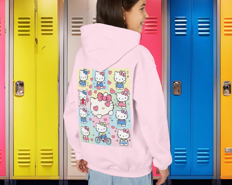 6 7 Hello Kitty Collage Youth Hoodie | Kids 6 7 Graffiti Style Font In Front And Hello Kitty Graphic Design On Back | Hello Kitty Six Seven image 1