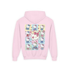 6 7 Hello Kitty Collage Youth Hoodie | Kids 6 7 Graffiti Style Font In Front And Hello Kitty Graphic Design On Back | Hello Kitty Six Seven image 5