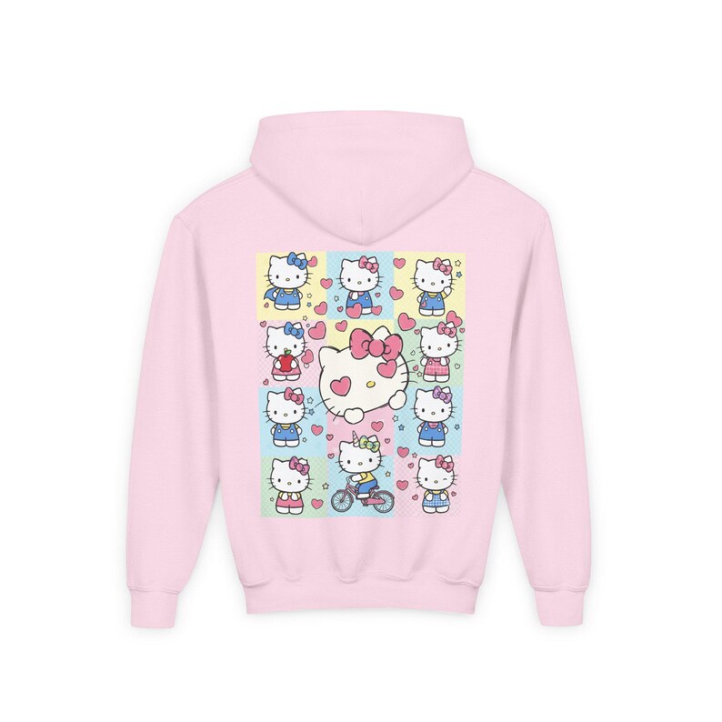 6 7 Hello Kitty Collage Youth Hoodie | Kids 6 7 Graffiti Style Font In Front And Hello Kitty Graphic Design On Back | Hello Kitty Six Seven image 5