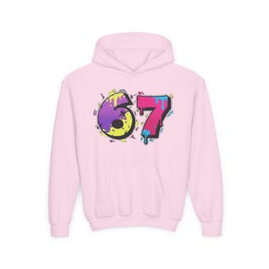 6 7 Hello Kitty Collage Youth Hoodie | Kids 6 7 Graffiti Style Font In Front And Hello Kitty Graphic Design On Back | Hello Kitty Six Seven image 4