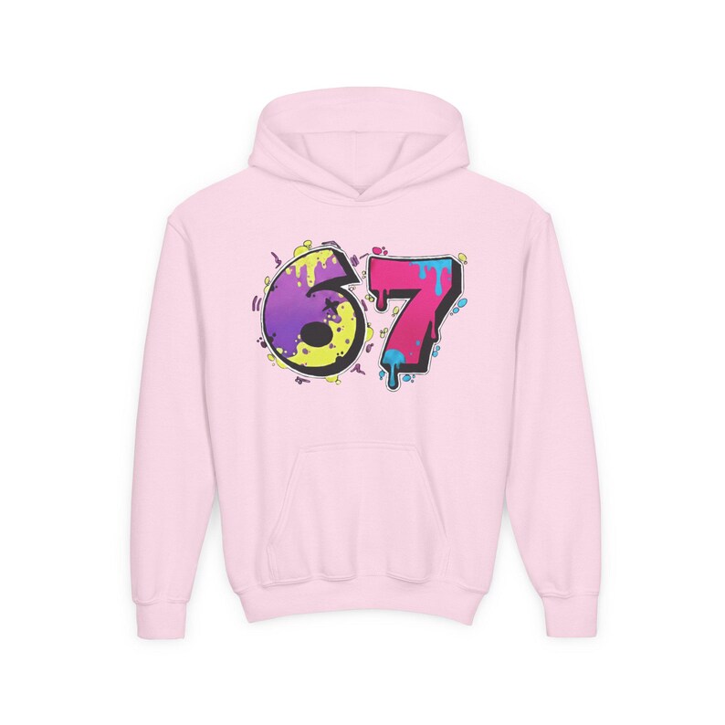 6 7 Hello Kitty Collage Youth Hoodie | Kids 6 7 Graffiti Style Font In Front And Hello Kitty Graphic Design On Back | Hello Kitty Six Seven image 4