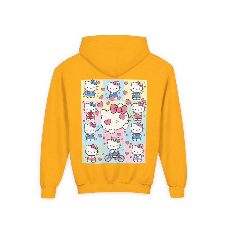 6 7 Hello Kitty Collage Youth Hoodie | Kids 6 7 Graffiti Style Font In Front And Hello Kitty Graphic Design On Back | Hello Kitty Six Seven image 9