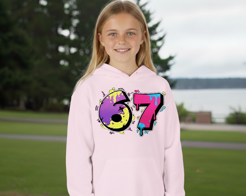 6 7 Hello Kitty Collage Youth Hoodie | Kids 6 7 Graffiti Style Font In Front And Hello Kitty Graphic Design On Back | Hello Kitty Six Seven image 2