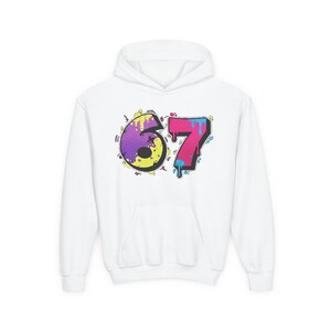 6 7 Hello Kitty Collage Youth Hoodie | Kids 6 7 Graffiti Style Font In Front And Hello Kitty Graphic Design On Back | Hello Kitty Six Seven image 16