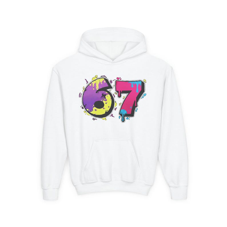 6 7 Hello Kitty Collage Youth Hoodie | Kids 6 7 Graffiti Style Font In Front And Hello Kitty Graphic Design On Back | Hello Kitty Six Seven image 16