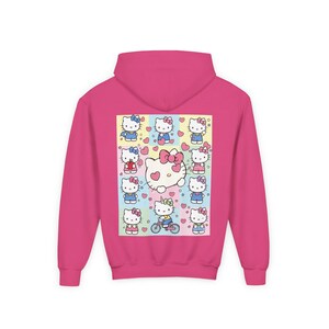 6 7 Hello Kitty Collage Youth Hoodie | Kids 6 7 Graffiti Style Font In Front And Hello Kitty Graphic Design On Back | Hello Kitty Six Seven image 7