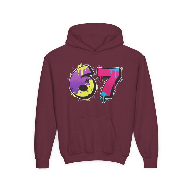6 7 Hello Kitty Collage Youth Hoodie | Kids 6 7 Graffiti Style Font In Front And Hello Kitty Graphic Design On Back | Hello Kitty Six Seven image 12