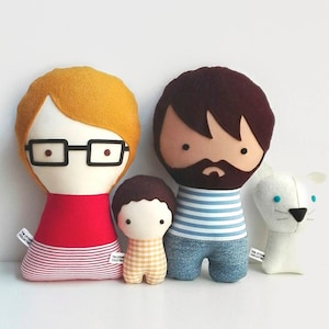 Custom handmade dolls resembling your beloved ones. The picture shows a sample of a couple with their baby boy and a dog. You can add glasses, beard, hair color and style, chose the fabrics for top and bottom. Made out of cotton and wool felt.