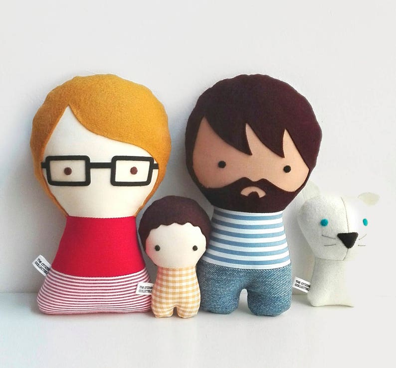 Custom handmade dolls resembling your beloved ones. The picture shows a sample of a couple with their baby boy and a dog. You can add glasses, beard, hair color and style, chose the fabrics for top and bottom. Made out of cotton and wool felt.