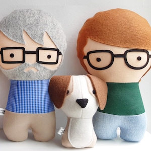 Custom made dolls resembling your beloved ones. The picture shows a sample of a man, a woman and their dog. You can add glasses, beard, hair color and style, and chose the fabrics for top and bottom (skirt or pants). Made out of cotton and wool felt.