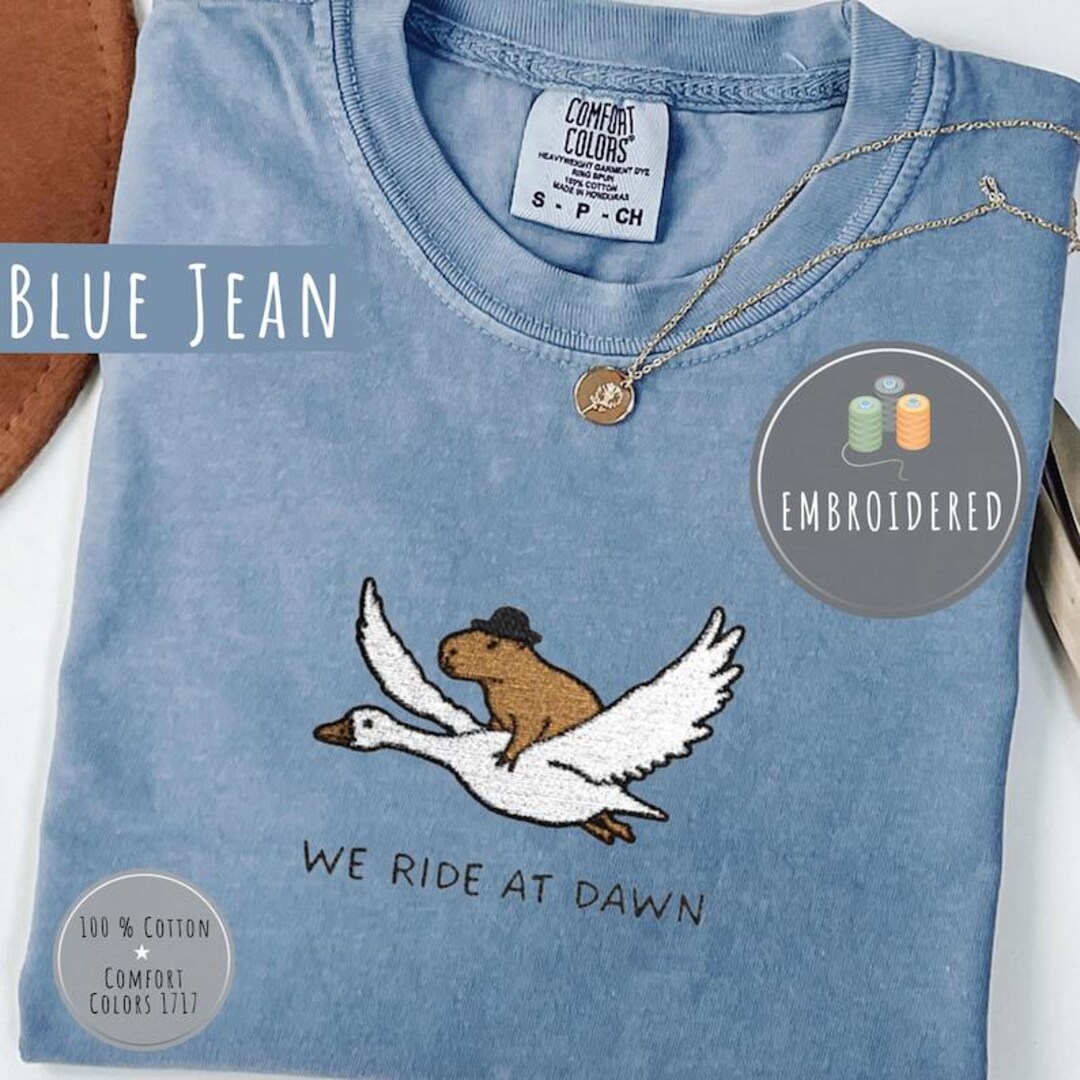 Capybara Riding Goose Animal Embroidery Tee, Capybara Shirt, We Ride at Dawn, Animals Shirt ...