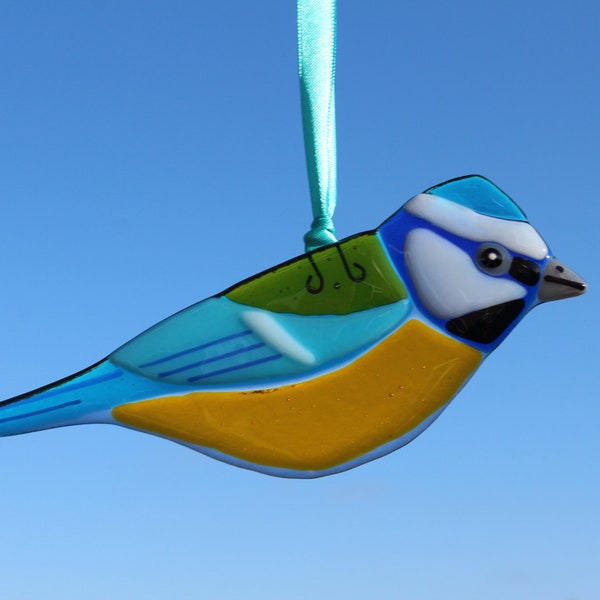 Blue Tit Bird Fused Bullseye Glass Hanging Wall or Window Decoration Suncatcher Retro Colourful Bluetit Gift for him or her