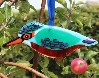 Kingfisher Bird Fused Bullseye Glass Hangende muur- of raamdecoratie Suncatcher Retro kleurrijk