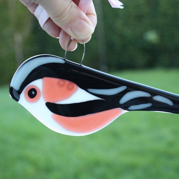 Fused Bullseye Glass Long tailed Tit Bird Hanging Wall or Window Decoration Suncatcher Retro Colourful Gifts for Him or Her