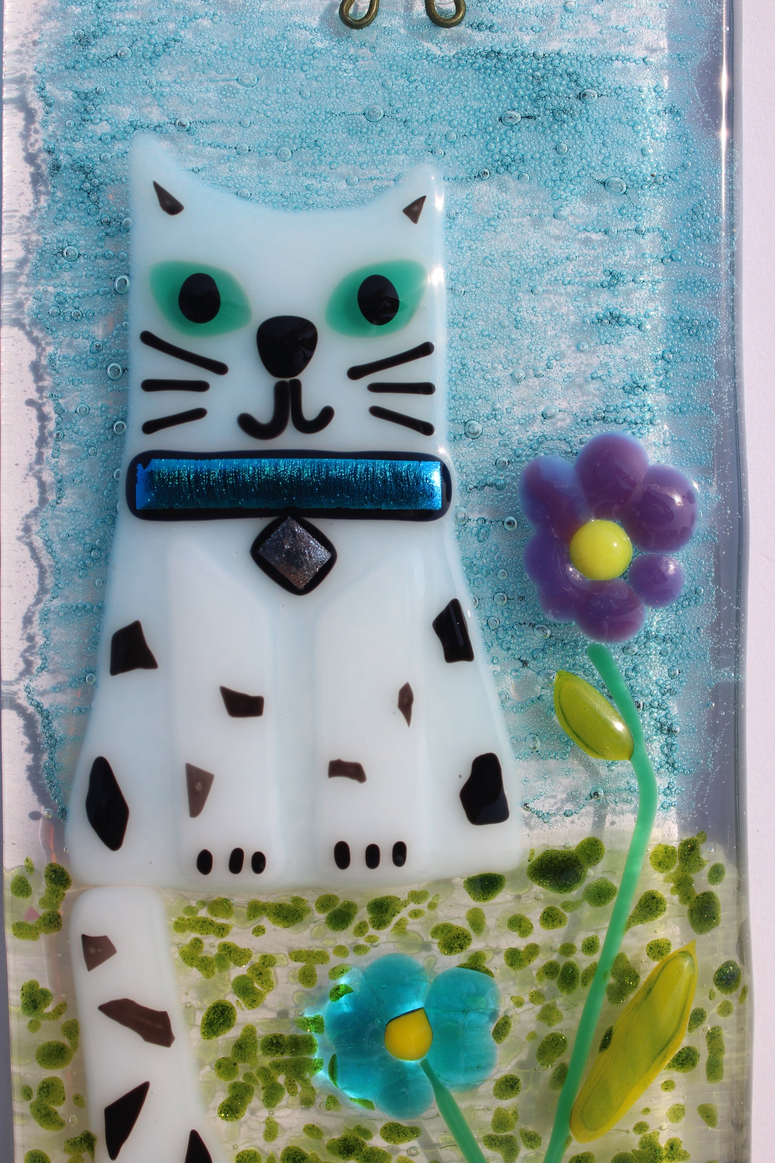 Cat gift Fused Glass Black and White Cat with Purple and Blue Etsy