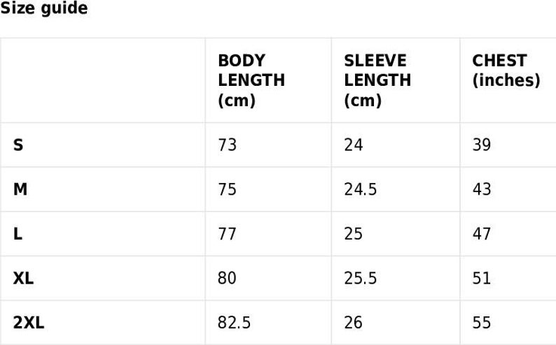 Size guide chart for unisex gothic shirt showing measurements and fit reference