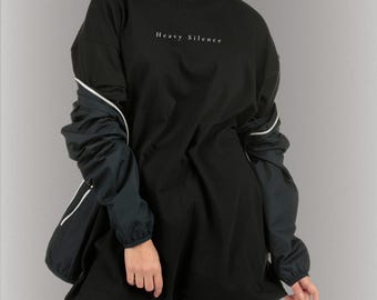 Heavy Silence Oversized Black Tee, Minimalist Gothic Streetwear, Organic Cotton T Shirt