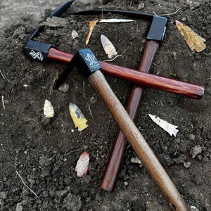 May include: Two hand hoes with dark wooden handles and black metal blades are crossed on a bed of soil. The handles are a light brown and dark brown. The blades are black and angled. The hoes are for gardening.