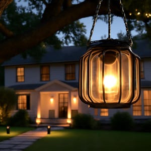 Pode incluir: Uma lanterna suspensa para exterior com uma luz quente. A lanterna é feita de vidro e metal, suspensa de um galho de árvore. Uma casa com janelas iluminadas ao fundo cria um ambiente acolhedor.