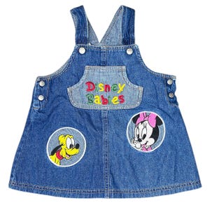 Vintage 90s 00s Disney Babies Minnie and Pluto Embroidery Denim Jumper Dress Sz 3T