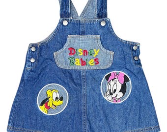Vintage 90s 00s Disney Babies Minnie and Pluto Embroidery Denim Jumper Dress Sz 3T