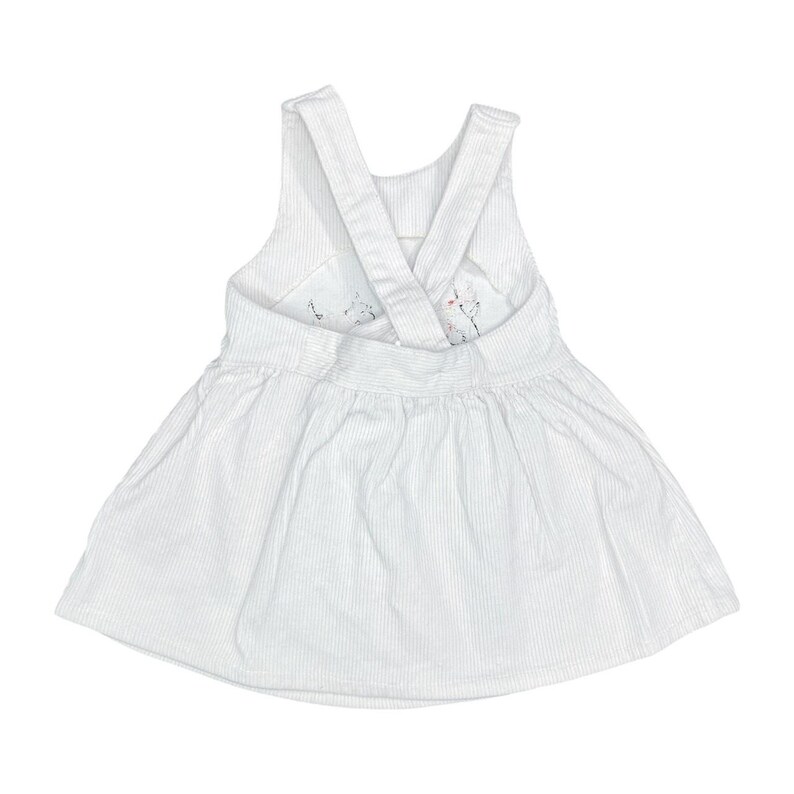 May include: White corduroy baby dress with a cross-back design. The dress features vertical stripes and a gathered skirt. The back has embroidered floral details. A cute and comfortable outfit for a baby or toddler.