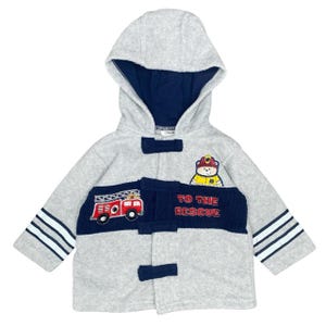 May include: A gray hooded jacket with a navy blue interior and accents. The jacket features a firefighter theme with a red fire truck and the text "TO THE RESCUE." White stripes adorn the sleeves.
