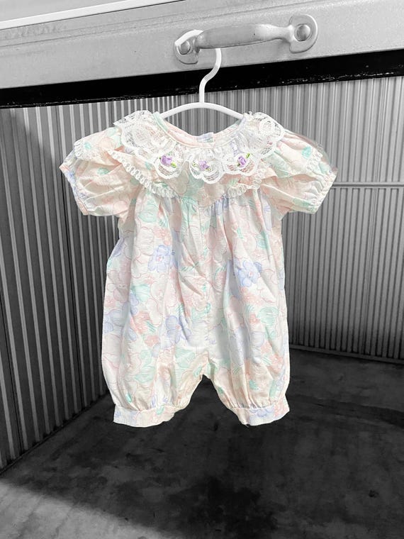 Vintage 1980s 80s Baby Toddler Bubble Floral Romper - Sz 3mo