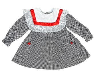 Vintage 1980s 80s Christmas Holiday Girls Sailor Style Houndstooth Dress - Sz 2T