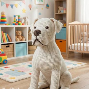 Op de afbeelding: Een grote, crèmekleurige gehaakte hond met een bruine neus en donkere ogen zit op een houten vloer. De hond staat in een kinderkamer met speelgoed en een wieg op de achtergrond. De woorden "PDF PATTERN" en "English Pattern" zijn zichtbaar.