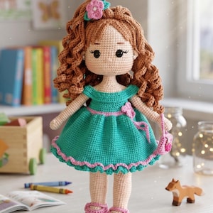 Puede incluir: Muñeca de ganchillo hecha a mano con cabello castaño rizado, vestida con un vestido turquesa con ribetes rosas y zapatos a juego. La muñeca tiene un accesorio para el cabello de flores y sostiene un pequeño bolso rosa.