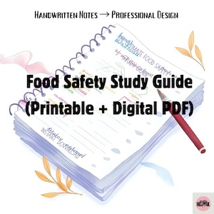 Pode incluir: Um caderno espiralado com o título "Food Safety Study Guide (Printable + Digital PDF)". A imagem mostra anotações manuscritas e uma caneta vermelha. O texto "HANDWRITTEN NOTES → PROFESSIONAL DESIGN" está no topo.