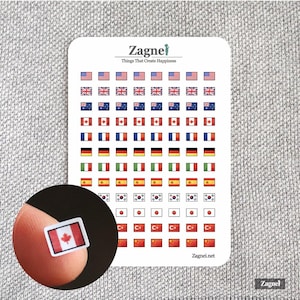 Könnte beinhalten: Ein weißer Aufkleberbogen mit Reihen kleiner, rechteckiger Nationalflaggen-Aufkleber. Der Text Zagnei Things That Create Happiness ist oben aufgedruckt. Eine einzelne kanadische Flagge ist separat in einem kreisförmigen Ausschnitt zu sehen.