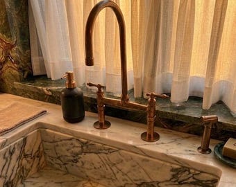 Hand-Forged Unlacquered Brass Bridge Faucet – Artisan Marrakech Kitchen Tap (US Kit)