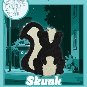 May include: A pre-cut wool appliqué kit featuring a black and cream skunk graphic. The design includes the text Wooly Flourish, Emerald Falls Quilts, and Skunk Trash Collectors Pre-cut Wool Appliqué Kit against a dark teal nighttime street scene.