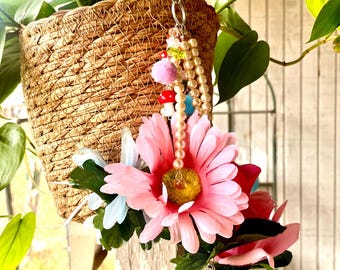 Fairy Garden Crystal Hanging Charm | Mushroom & Flower Car Charm | Enchanted Window or Garden Decor with Quartz Crystal