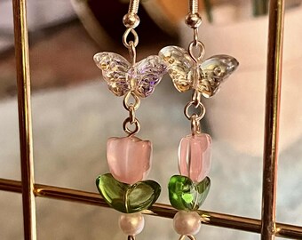 Hada del jardín, fantasía de flores y mariposas, pendientes colgantes de cabaña