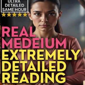 May include: Image features a woman with dark hair and a serious expression. Bold text overlay reads "REAL MEDIUM EXTREMELY DETAILED READING." Additional text states "ULTRA DETAILED SAME HOUR" with five gold stars. The overall theme suggests psychic readings.