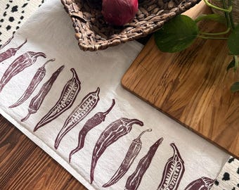 Spicy Hot Peppers Block Print Kitchen Towel | Hand Printed Cotton, Coral & Turquoise
