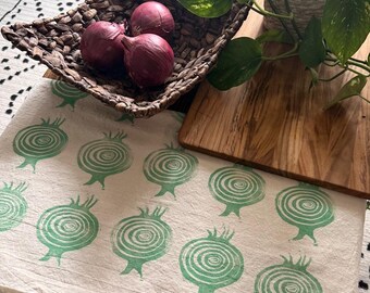 Sliced Onion Block Print Kitchen Towel | Hand Printed Natural Cotton, Verde Green