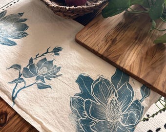 Magnolia Block Print Kitchen Towel | Hand Printed Cotton, Navy Blue