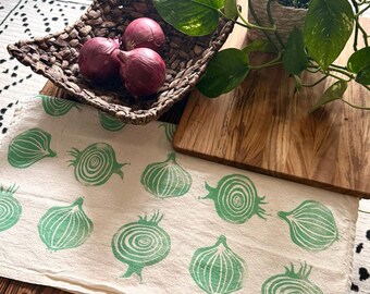 Onion Medley Block Print Kitchen Towel | Hand Printed Natural Cotton, Verde Green