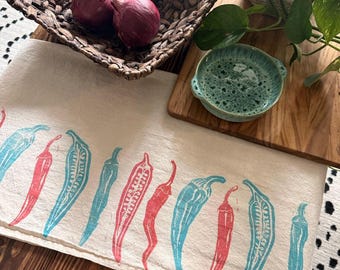 Spicy Hot Peppers Block Print Kitchen Towel | Hand Printed Natural Cotton, Coral & Turquoise