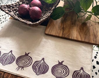 Onion Block Print Kitchen Towel | Hand Printed Natural Cotton, Aubergine